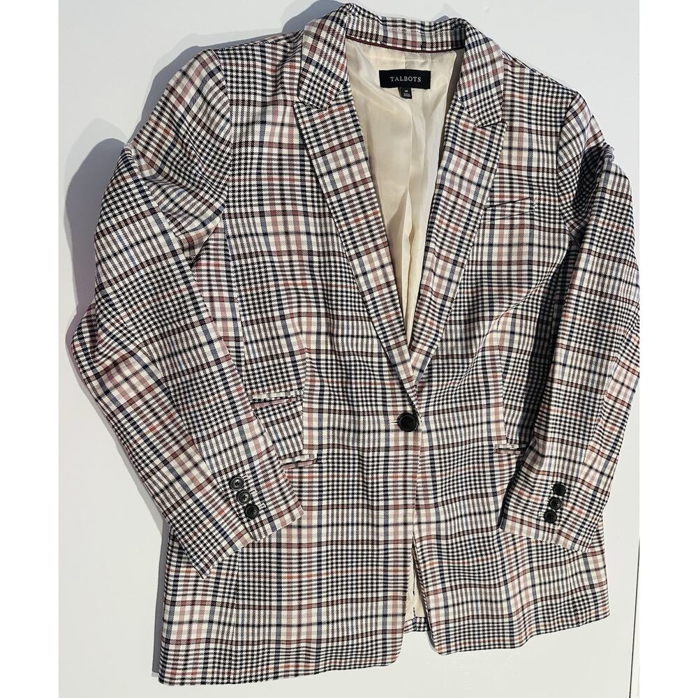 Talbots Womens Sz 14 Cotton Blend Blazer Pink Blue Plaid Lined Flap Pockets Chic